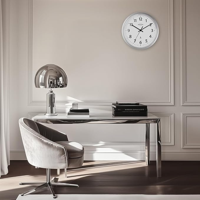 Presentime & Co 12" Atomic Wall Clock, Silent no Ticking, Automatically Sets Itself and Adjust to Daylight Saving Time by WWVB - Faux Stainless Steel Finish. (Home Office)