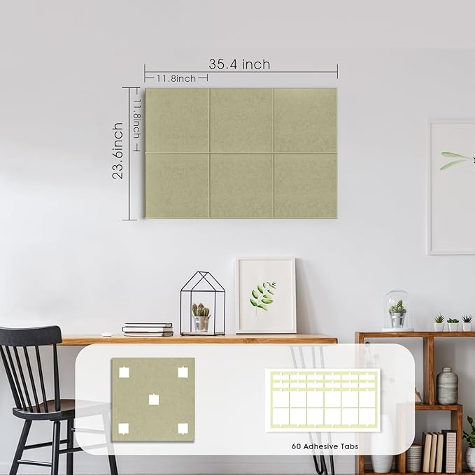 Large Cork Board for Office Wall Decor,36"x24"-6 Pack Felt Wall Tiles with Safe Removable Adhesive Tabs, 1/2" Thick, Felt Bulletin Board Pin Board Cork Boards for Walls - Sage Green