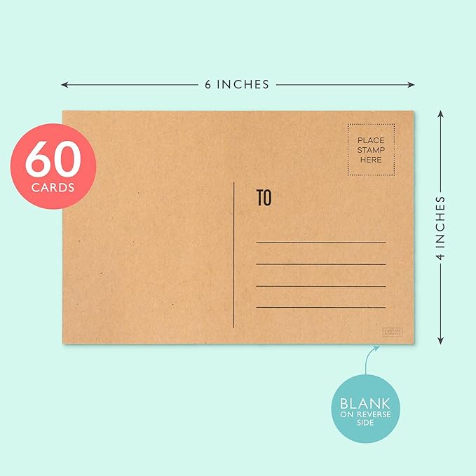 Sweetzer & Orange Blank Postcards for Mailing. 60 Kraft 4x6 Plain Message Sheets, Unwritten Mailable Sheet Set. Make Your Own Printable Notes. 300gsm Greeting Paper Cardstock, Bulk Papers Pack.