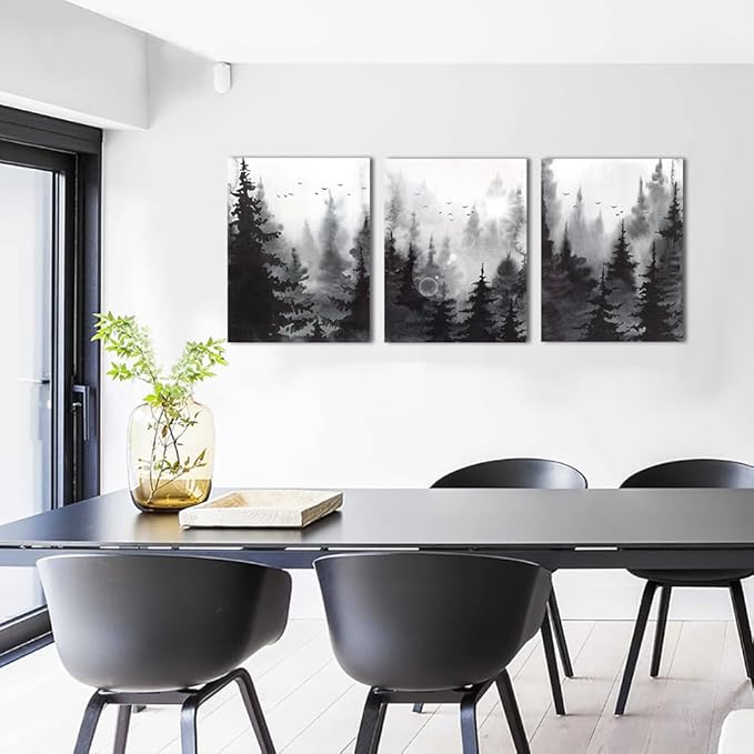 3-Piece Modern Abstract Art Prints, Black and White Forest Scenery, Canvas Wall Art for Living Room, Bedroom, Office, Home Wall Decor