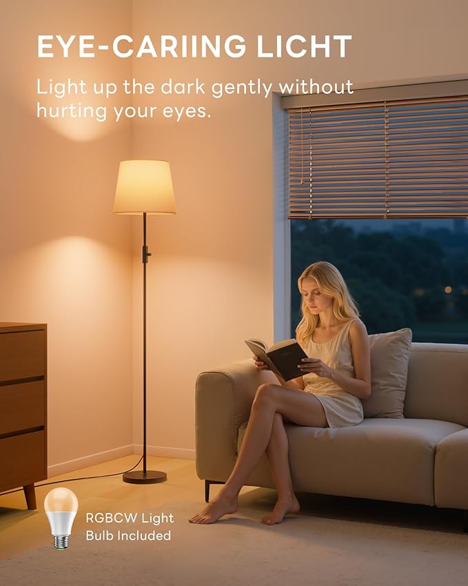Dimmable Floor Lamp, 1200 Lumens RGBCW Color Change Bulb Included, Standing Lamp with Linen Shade, 62" Tall Lamp with Remote for Living Room, Bedroom, Office, Dining Room, Kitchen, Black