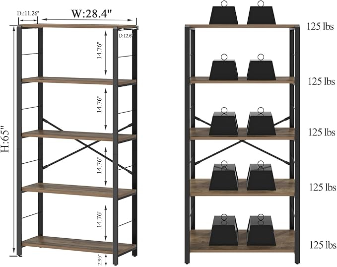 FOLUBAN 5 Tier Tall Bookshelf, Industrial Bookshelves and Bookcases, Modern Rustic Wood and Metal Book Shelf for Bedroom, Living Room and Home Office, Oak
