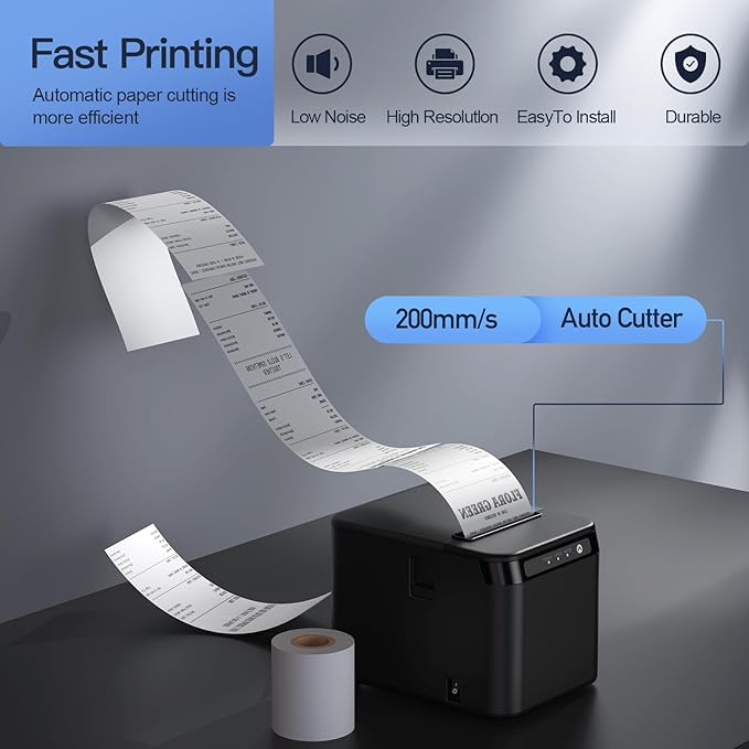 BISOFICE 80mm Receipt Printer ESC/POS Thermal Printer Desktop Direct Print USB+LAN Connection High Efficiency with Auto Cutter Large Paper Bin for Shipping Business Restaurant Kitchen Supermarket