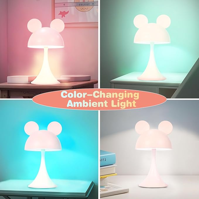 Rechargeable Mouse-Shaped LED Bedside Lamp – Kids Room Night Light with Touch Dimming & 3 Color Temperatures (Pink)