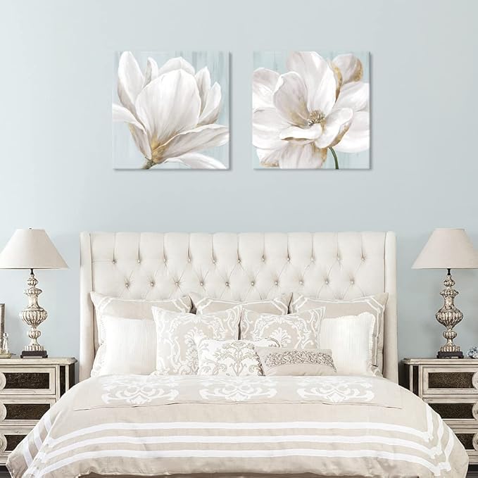 SEVEN WALL ARTS White Magnolia Wall Art Flower Artwork Floral Canvas Paintings Vintage Nature Botanical Painting Farmhouse Artwork Wall Decor for Bedroom Living Room Bathroom Office 24"x 24" x2pcs