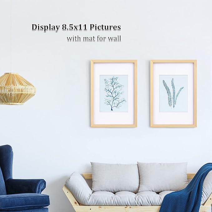 Egofine 12x18 Poster Frame Set of 2 Solid Wood Frame with Plexiglass Matted for 8.5x11 for Wall Mounting Hanging Picture Frame Vertically or Horizontally, Natural Wood