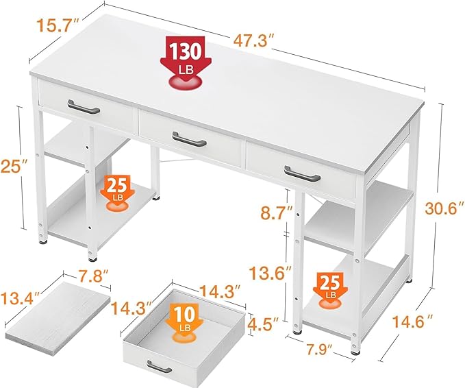 ODK Office Small Computer Desk: Home Table with Fabric Drawers & Storage Shelves, Modern Writing Desk, White, 48"x16"