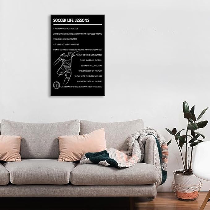 “Soccer Life Lessons ” Wall Art Motivational Baseball Player Poster for Boys Bedroom Inspirational Sports Quotes Canvas Print for Home Gym Locker Room Office Decor Framed Ready to Hang [24" W X 36" H]