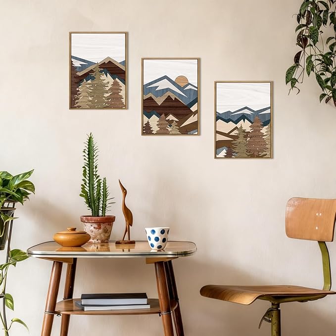 BINCUE Framed Boho Mountain Wall Art,Boho Landscape Canvas Wall Decor Beige,Large Mountain Artwork Woodcut,Abstract Sun Forest Nature Art Prints for Office Living Room Bedroom Home 12"Lx16"W Set of 3
