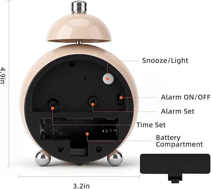 Analog Alarm Clock, Mid-Century Modern Desk Clock, Silent Non-Ticking Quartz Table Clock with Black Hands, Battery Operated Decorative Clock for Bedroom, Office, Living Room (Light Champagne)