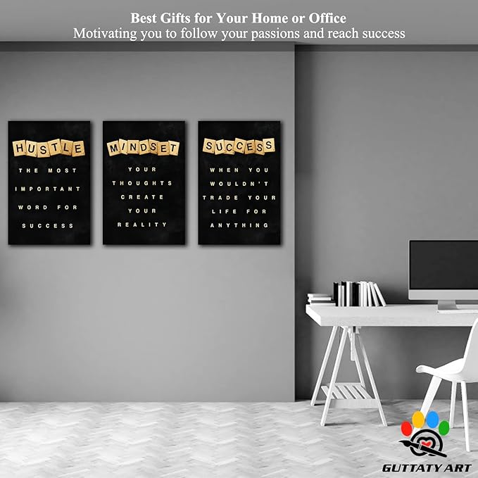 Office Wall Art - 3 Panel Motivational Canvas With Inspirational Quotes for Home Office, Positive Entrepreneur Words Poster Frame for Company Decor 20"x30"x3Pcs