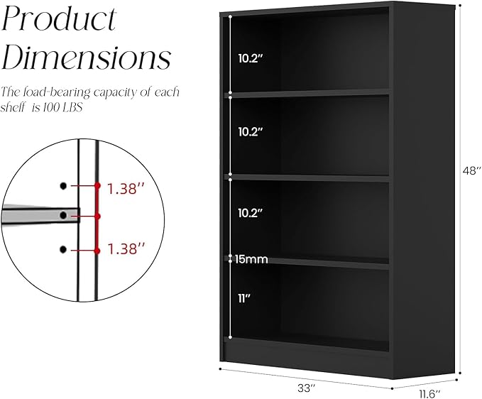 Farini 48 Inch Tall 4-Shelf Bookcase, Wood Bookshelf Storage Organizer Adjustable Shelf for Home Office, Study Room, Easy Assembly,Black