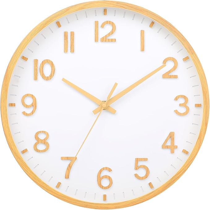 Wall Clocks Battery Operated 8 inch Modern Wall Clock,Silent Non Ticking Wall Clock for Living Room Bedroom Kitchen Office Classroom Decor (Wood Grain Yellow White)