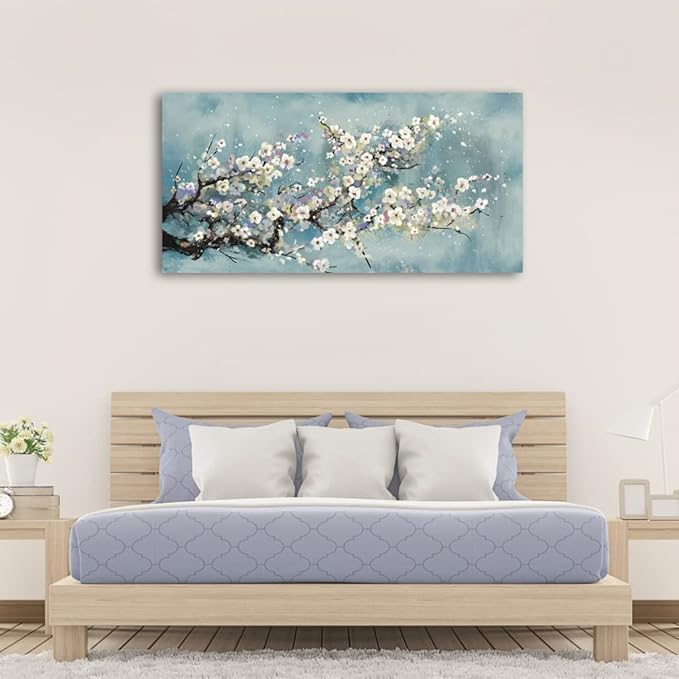Plum Blossom Botanical Floral Canvas Art - Grey Blue - 30" x 60" - Framed - Ready to Hang - Bedroom, Living Room, Bathroom, Kitchen, Office, Home Wall Decor