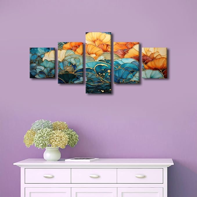 Flower Canvas Wall Art Decor Modern 5 Panel Canvas Artwork Abstract Canvas Wall Art Printing Blue and Orange Colors Poster for Living Room Wall Decor Stretched and Framed Ready to Hang 50x24 in
