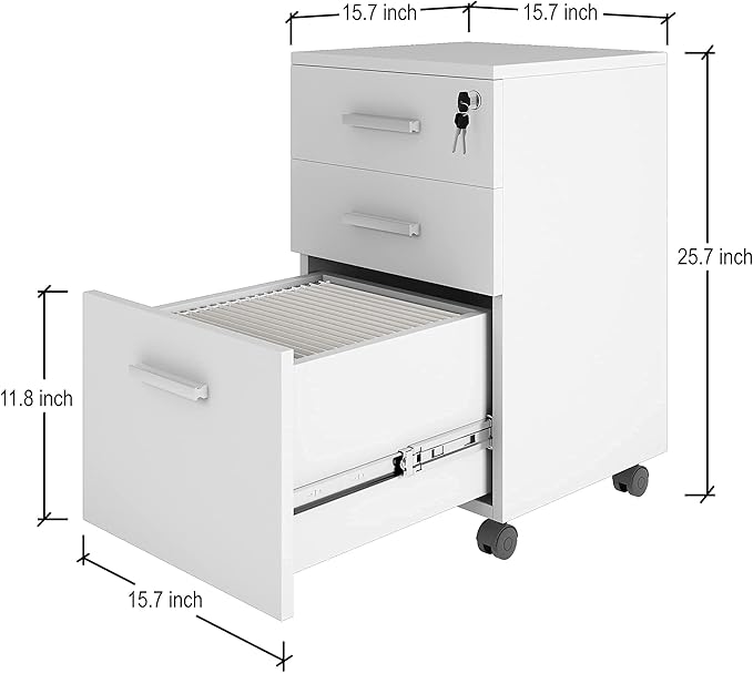 Modern Design Lazio White File Cabinet, Filing Cabinets for Home Office, Drawers for Under Desk, Locking 3 Drawer Rolling Wood File Cabinet with Lock, by Crafts and Comfort