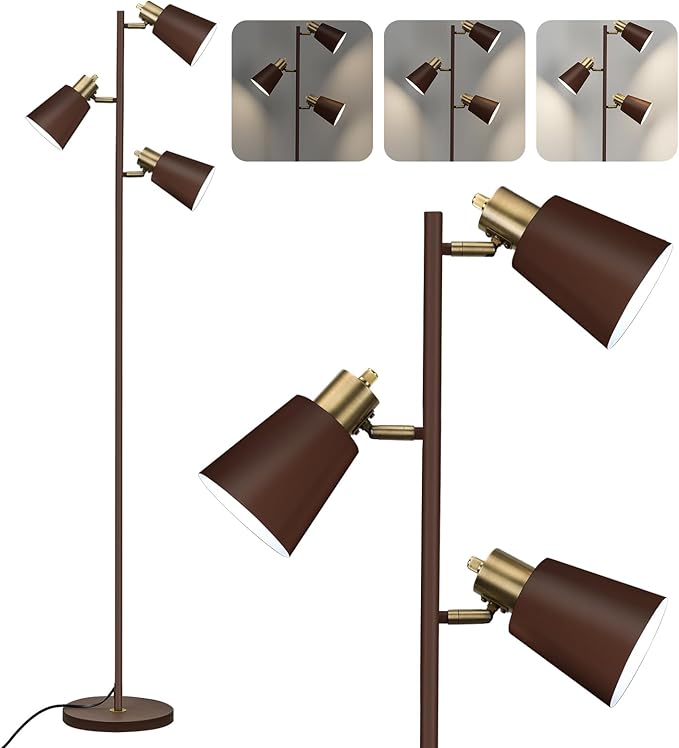 Tree Floor Lamp for Living Room, Industrial 3-Light Standing Lamp with 3 LED Bulbs, Adjustable Rotation Heads, Standing Tall Pole Lamp Farmhouse Rustic Reading Lamps for Bedroom Office (Brown)