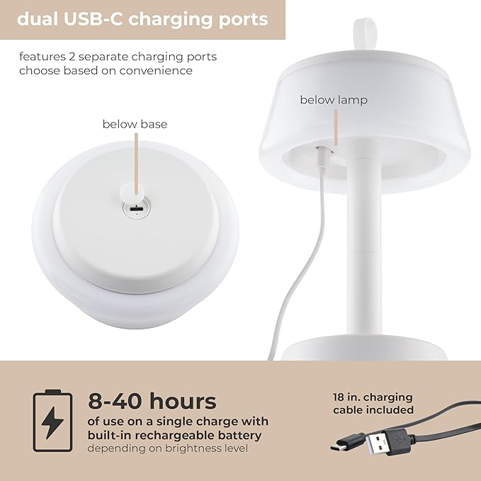 Campura LED Cordless USB-C Re-Chargeable Desk Lamp, 5200mAh Battery Operated with Fingertip Touch Dimming On/Off and Adj Height Stems or Lantern Mode in White