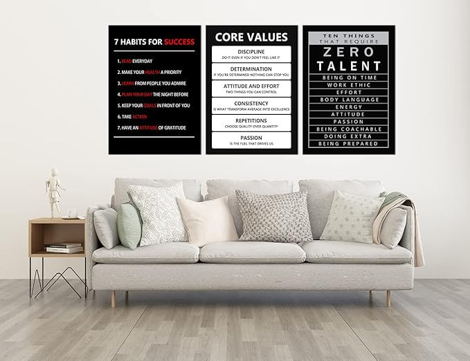 Core Values Inspirational Canvas Wall Art 3 Pieces Poster Motivational Ten Things That Require Zero Talent Canvas Artwork Picture Print Framed for Home Office Living Room Gym Wall Decor [60''Wx 28''H]