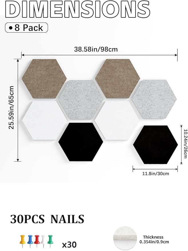 12" Large Bulletin Board with 30 Push Pins, Pack of 8 Hexagon Felt Pin Board Notice Boards for Home Office Kitchen, Felt Wall Tiles for Photos Memos
