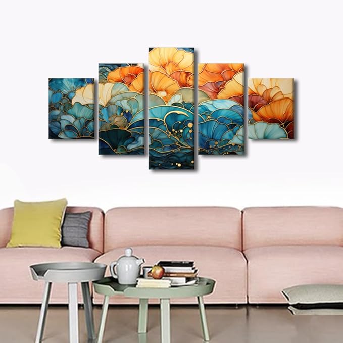 Canvas Wall Art for Lady Modern Abstract Canvas Wall Art Printing Blue and Orange Colors Flowers Poster Prints 5 Panel Abstract Art for Room Wall Decor Stretched and Framed Ready to Hang 60x32 in