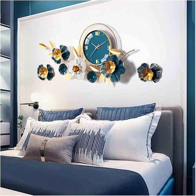 Wall Clock Large Decorative Hanging Wall Clocks,36.6 * 18.7in Wrought Iron Silent Non Ticking Ginkgo Leaf Wall Quartz Clock for Living Room Office Cafe Hotel,White Clock (Blue A)