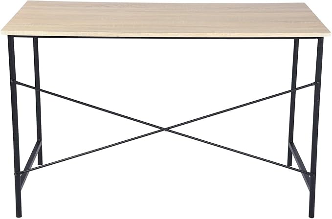 Modern Computer Desk with Light Wood Top, 47.2" x 23.6" Writing Table, Black Metal Frame with Cross Brace, Minimalist Home Office Desk for Study or Workstation or Entryway