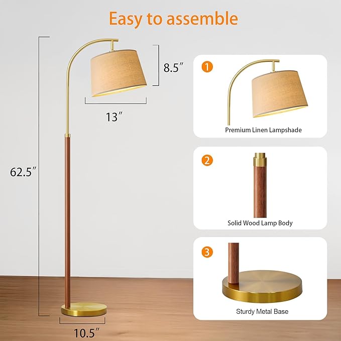 62.5" Wood Floor Lamp for Living Room Gold with Foot Switch Arc Standing Tall Lamps for Bedroom Mid Century Modern Corner Floor Lamps for Office Nursery Industrial Reading Light Room Lamp