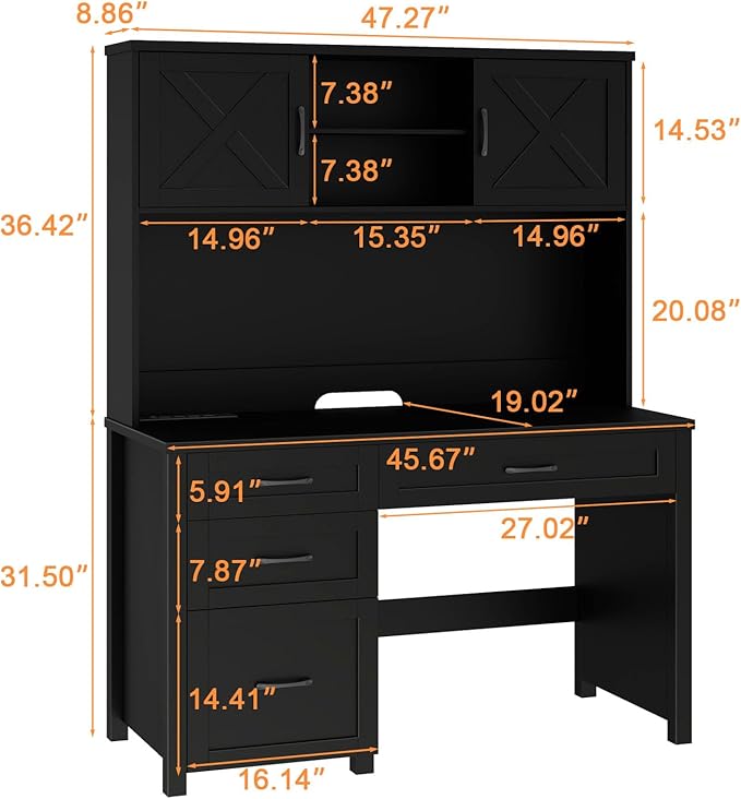 Farmhouse 67" H Executive Desk with Hutch,Computer Desk with 4 Drawers and LED light, Office table with Storage Cabinet & File Drawers and Charging Station,Workstation for Home Office and Study, Black