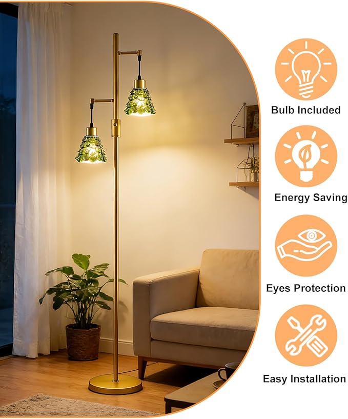 Lightdot 65IN Glass Floor Lamp for Living Room, 2- Light Gold Floor Lamps with Green Glass Shade& 3000K Warm White Bulbs, Modern Standing Tall Lamp for Bedroom/Corner Beside/Home Decor