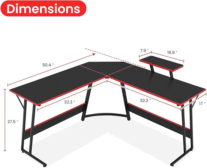 L Shaped Gaming Desk, 50 Inch Corner Desk, Office Computer Desk with Large Monitor Stand for Home Office Sturdy Writing Workstation, Easy to Assemble, Black
