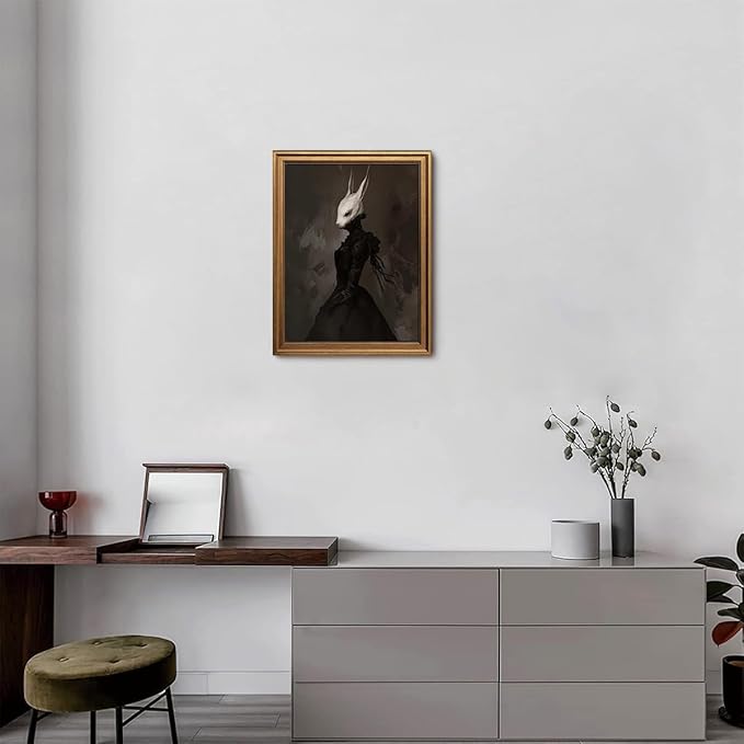 Gold Framed Wall Art Vintage Canvas Wall Art Rabbit Lady Aesthetic Dark Academia Easter Bunny Artwork Prints Picture for Living Room Bedroom Farmhouse Bathroom Office Decor, 12x16