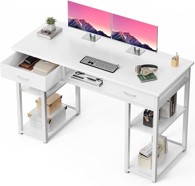 DUMOS 48" Small Computer Home Office Desk for Bedroom with Drawers, Gaming Writing Study Table with Storage Shelf, Adjustable Feet, Metal Frame White