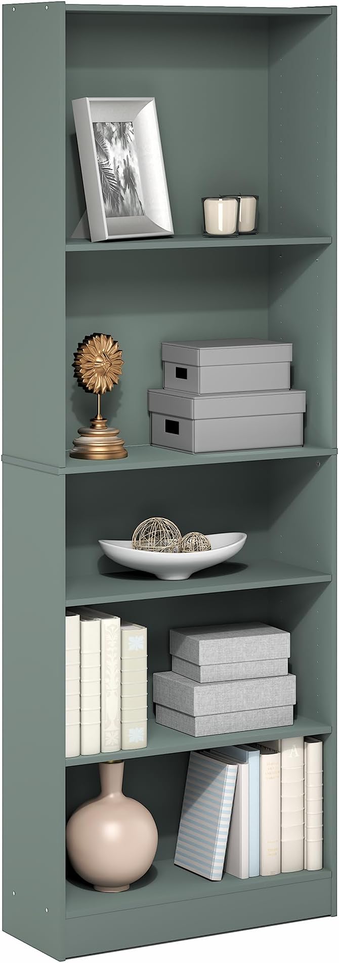 Furinno Jaya Book Shelf, 5-Tier Bookshelf, Bookcase with Adjustable Shelves, 9.5" x 24.5" x 71.2", for Organization and Storage, for Living Room, Bedroom, Home Office, Sage Green