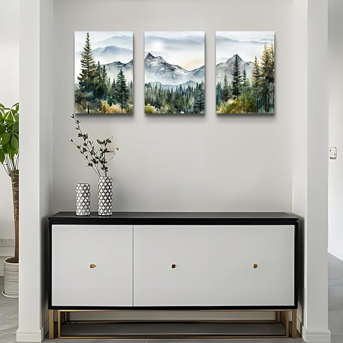 DZRWUBHS Wall Art for Living Room Wall Decor for Bedroom Office Decor Abstract Mountain Forest Landscapes Ink Painting 3 Piece Framed Canvas Art Prints Ready to Hang Wall Pictures Modern Home Decor