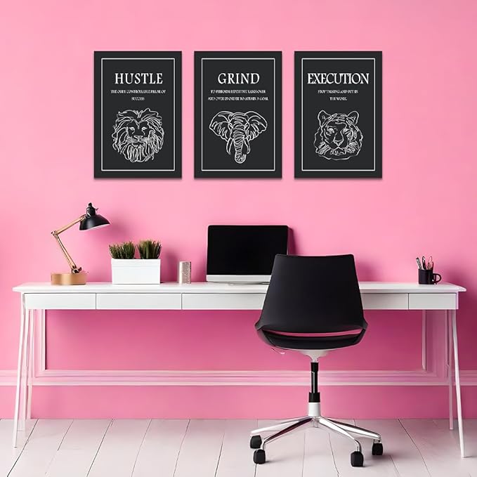 3 Piece Motivational Canvas Wall Art, Hustle Grind Execution Inspirational Wall Decor with Lion Elephant Tiger Line Art, Success Prints Poster for Office & Living Room Home, Framed 12"x16"x3