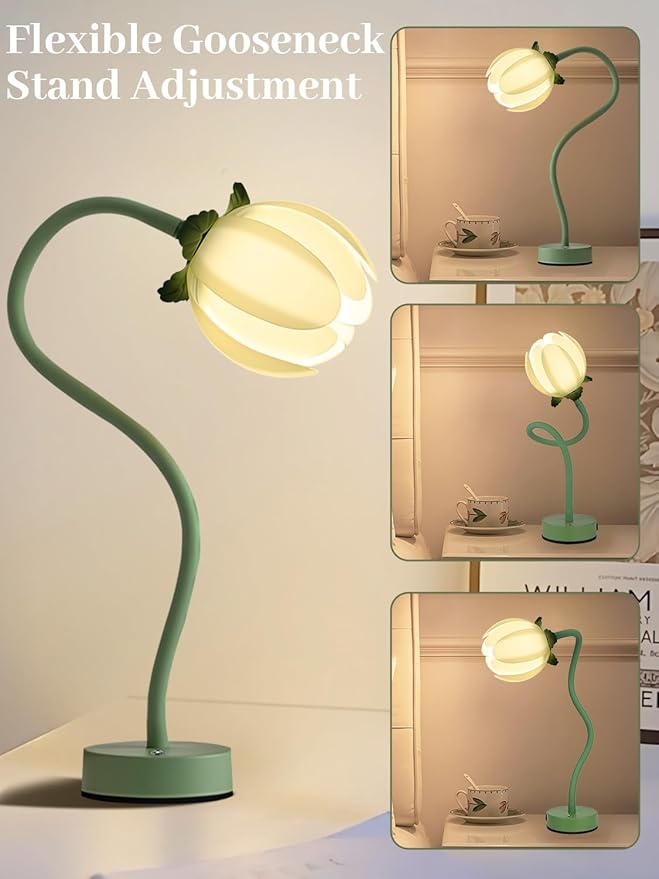 ONXE Tulip Desk Lamp - Rechargeable 3 Color Dimmable Flower Night Light, 360° Bendable Gooseneck, Cordless Metal Table Lamp for Bedroom Decor, Gifts for Women & Teens