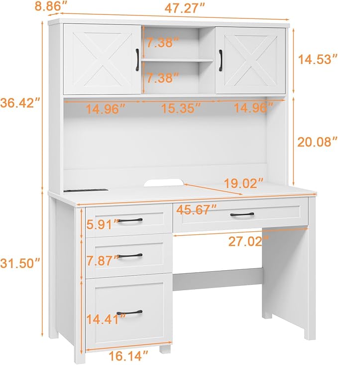 Farmhouse 67" H Executive Desk with Hutch,Office Desk with 4 Drawers and LED Light, Wood Workstation for Home Office and Study, Computer Desk with File Drawers, Charging Station.Cream White