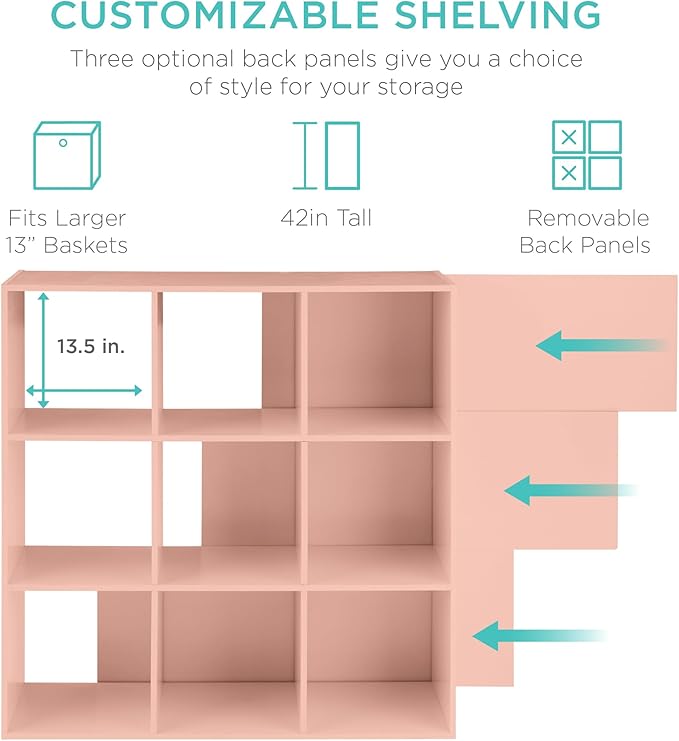 Best Choice Products Kids Bookcase 9-Cube Storage Organizer, 13.5in Shelf Opening, Bookshelf, Toy Storage, Customizable w/ 3 Removable Back Panels – Light Pink