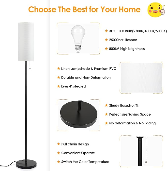 Floor Lamp for Living Room, 3 Color Temperature Modern Standing Lamps, Minimalist Floor Lights for Bedroom, Office, Reading, White