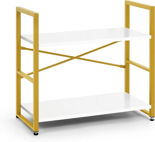 CAPHAUS 2 Tier Small Bookshelf, Bookcase Shelf Storage Organizer for Living Room, 24 Inch Width Free Standing Shelf, Industrial Book Shelves for Home Office, White Wooden Shelves & Gold Frame