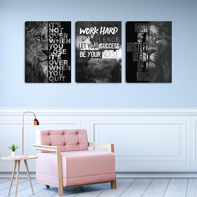 Motivational Canvas Wall Art 3 Pieces Lion Poster Inspirational Positive Wall Art Quotes Success Canvas Picture Print Artwork Framed for Home Office Room Gym Workplace Wall Decor (48''Wx 24''H)