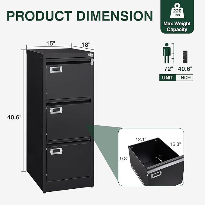 STANI Metal Vertical File Cabinet with Lock，Narrow Filing Cabinets Hanging Files Letter/Legal/A4 Size, Metal Storage Cabinet for Home Office, Assembly Required (Black, 3-Drawer)