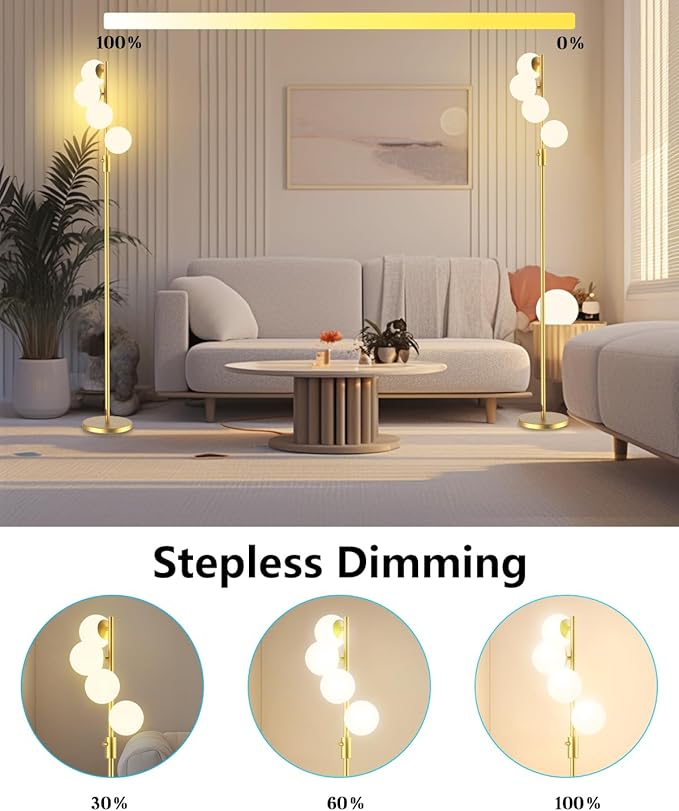 Lightdot 64IN Dimmable Globe Floor Lamp, Modern Gold Standing Lamps with 4PCS 3000K Bulbs Included Soft Warm White Eye Care, Mid Century Floor Lamp for Living Room/Bedroom/Sofa Beside/Corner Decor