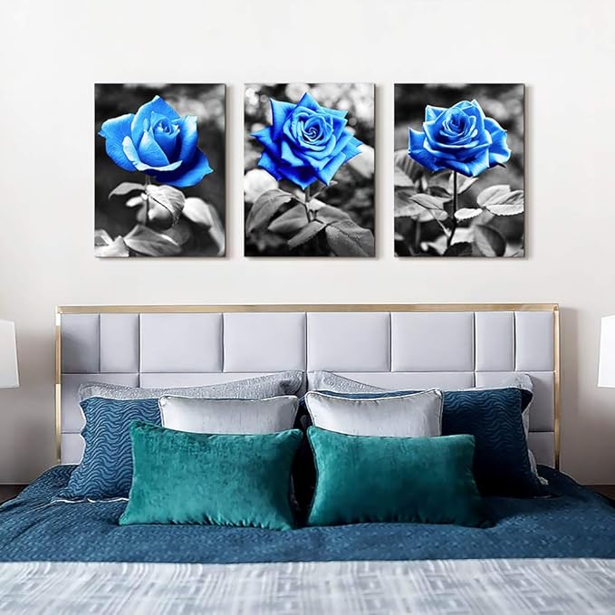 Lapremoly Wall Art For Living Room Black And White Wall Decor For Bedroom Kitchen Family Pictures Artwork Blue Rose Flowers Large Framed Canvas Paintings Ready To Hang Modern Office Home Decoration