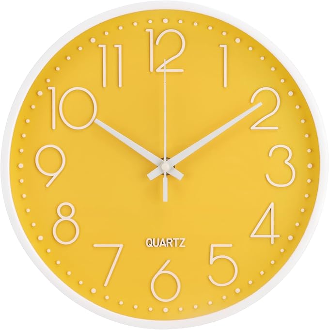 Wall Clock Non-Ticking Silent Modern Simple Style Round Decor Clock Stereoscopic Dial Quartz Wall Clocks for Home/Office/School/Living Room/Bedroom/Kitchen (Yellow, 12inch)