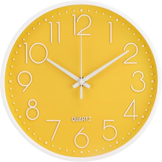 Wall Clock Non-Ticking Silent Modern Simple Style Round Decor Clock Stereoscopic Dial Quartz Wall Clocks for Home/Office/School/Living Room/Bedroom/Kitchen (Yellow, 12inch)