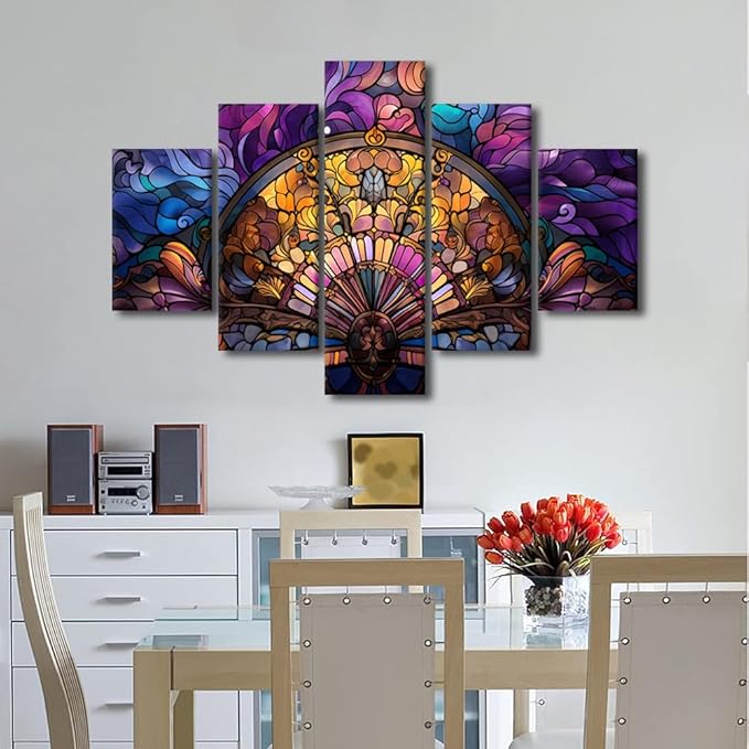 Abstract Canvas Wall Art for Home Modern Stained Glass Style Poster Decor Swirls Flowers Canvas Art 5 Panel Wall Art for Lady Bedroom Wall Decoration Stretched and Framed Ready to Hang 60x40 in