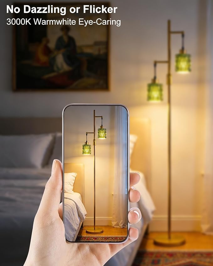 Lightdot 65IN Industrial Gold Floor Lamp for Living Room, 2- Light Green Glass Floor Lamps with 3000K Warm White Bulbs, Modern Farmhouse Tree Standing Tall Lamp for Bedroom Office Home Decor