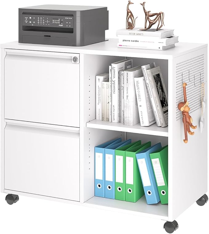 2 Drawer File Cabinet for Home Office, Rolling File Cabinets with Lock, Under Desk Metal Filing Caninet with Wheels for A4 / F4 / Letter/File Box, White-Assembly Required